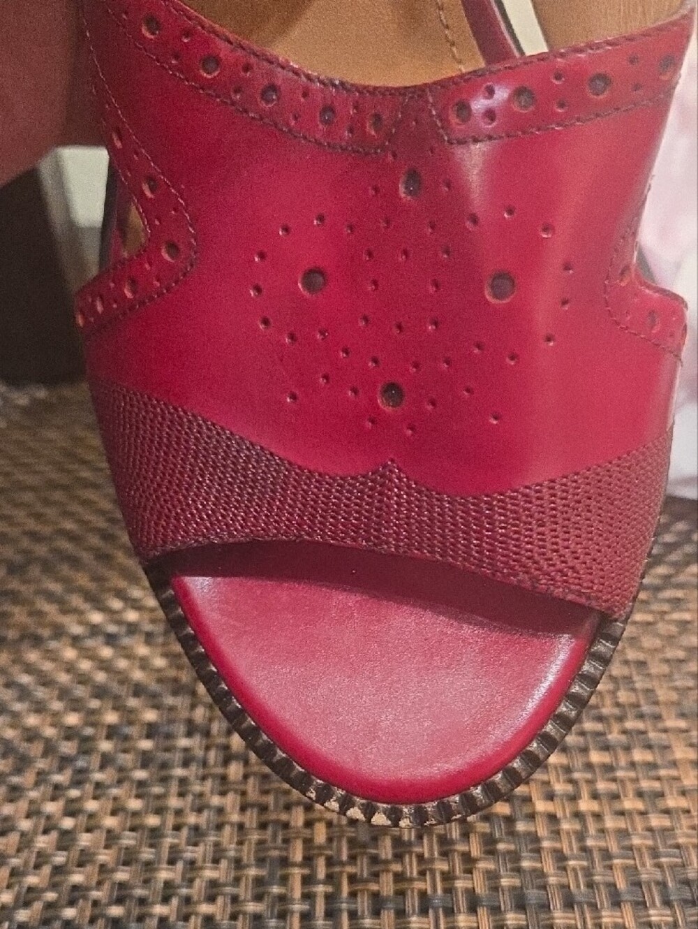 Salvatore Ferragamo Red Open-Toe Perforated Ankle-Strap Heels - Picture 7 of 15